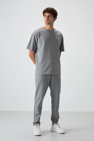 Tommylife Wholesale Oversize Basic Men's T-Shirt Tracksuit Set 85252 Gray Melange - Thumbnail