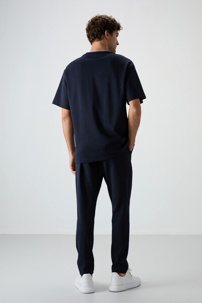 Tommylife Wholesale Oversize Basic Men's T-Shirt Tracksuit Set 85252 Navy Blue - Thumbnail