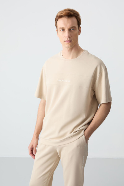 Tommylife Wholesale Oversize Basic Men's T-Shirt Tracksuit Set 85261 Beige - Thumbnail