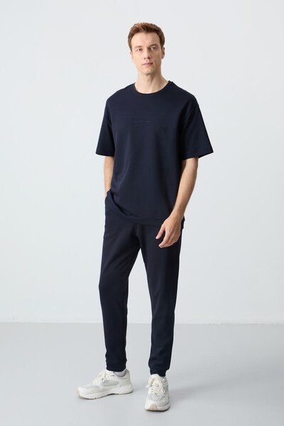 Tommylife Wholesale Oversize Basic Men's T-Shirt Tracksuit Set 85261 Navy Blue - Thumbnail