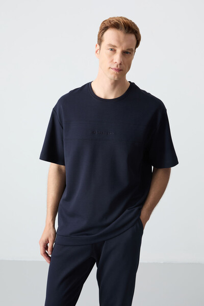 Tommylife Wholesale Oversize Basic Men's T-Shirt Tracksuit Set 85261 Navy Blue - Thumbnail