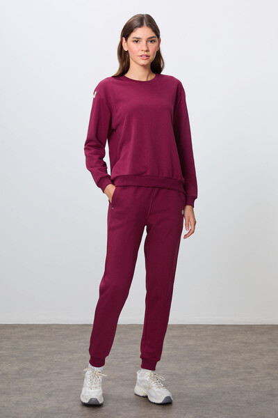 Tommylife Wholesale Oversize Crew Neck Jogger Women's Tracksuit Set 95341 Bordeaux - Thumbnail