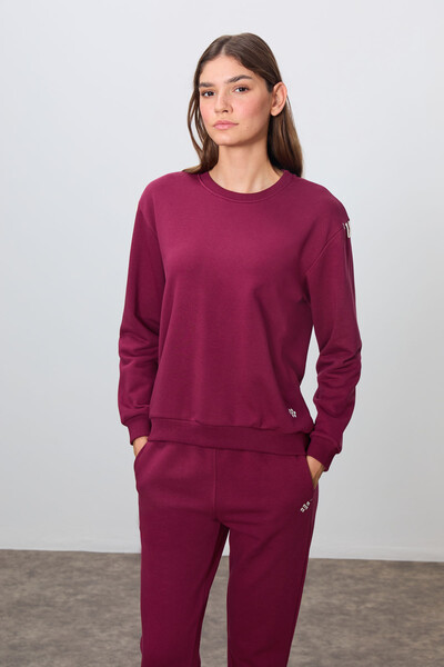 Tommylife Wholesale Oversize Crew Neck Jogger Women's Tracksuit Set 95341 Bordeaux - Thumbnail