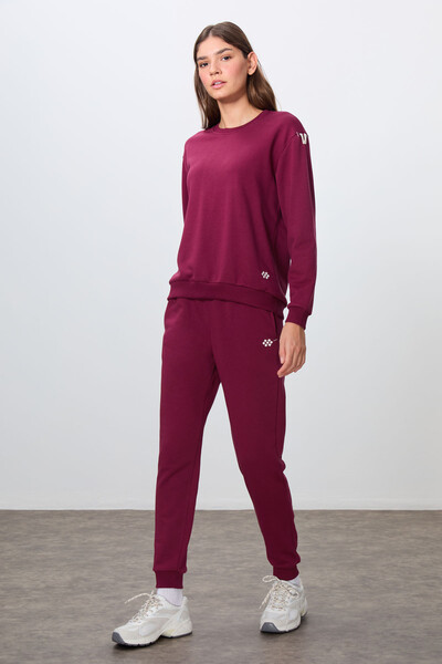 Tommylife Wholesale Oversize Crew Neck Jogger Women's Tracksuit Set 95341 Bordeaux - Thumbnail