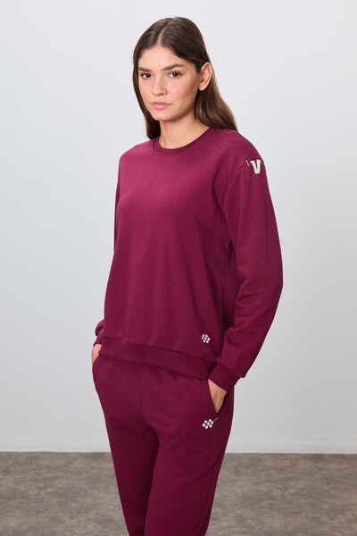 Tommylife Wholesale Oversize Crew Neck Jogger Women's Tracksuit Set 95341 Bordeaux - Thumbnail