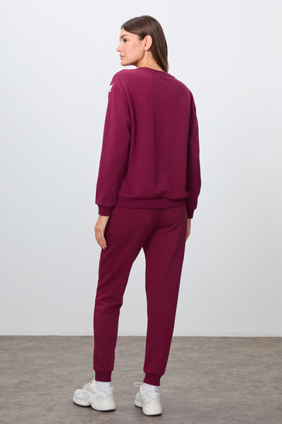 Tommylife Wholesale Oversize Crew Neck Jogger Women's Tracksuit Set 95341 Bordeaux - Thumbnail