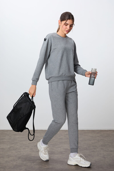 Tommylife Wholesale Oversize Crew Neck Jogger Women's Tracksuit Set 95341 Gray Melange - Thumbnail