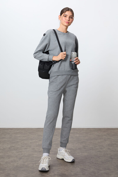 Tommylife Wholesale Oversize Crew Neck Jogger Women's Tracksuit Set 95341 Gray Melange - Thumbnail