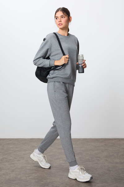 Tommylife Wholesale Oversize Crew Neck Jogger Women's Tracksuit Set 95341 Gray Melange - Thumbnail