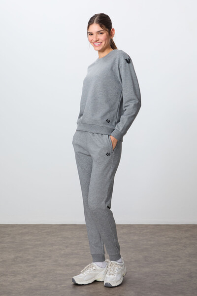 Tommylife Wholesale Oversize Crew Neck Jogger Women's Tracksuit Set 95341 Gray Melange - Thumbnail