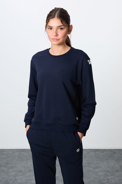 Tommylife Wholesale Oversize Crew Neck Jogger Women's Tracksuit Set 95341 Indigo - Thumbnail