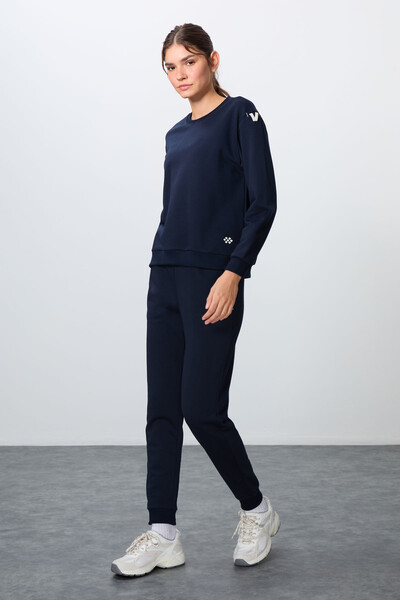 Tommylife Wholesale Oversize Crew Neck Jogger Women's Tracksuit Set 95341 Indigo - Thumbnail