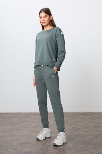 Tommylife Wholesale Oversize Crew Neck Jogger Women's Tracksuit Set 95341 Khaki - Thumbnail