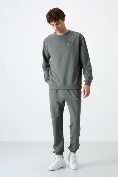 Tommylife Wholesale Oversize Crew Neck Men's Tracksuit Set 85120 Almond Green - Thumbnail