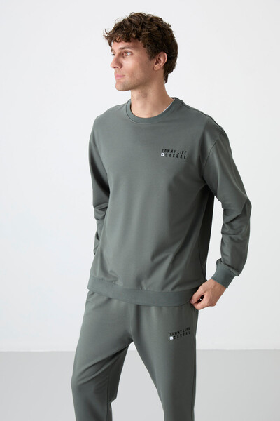 Tommylife Wholesale Oversize Crew Neck Men's Tracksuit Set 85120 Almond Green - Thumbnail