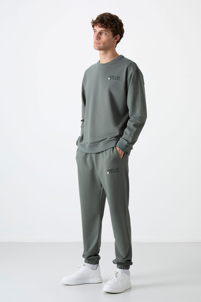 Tommylife Wholesale Oversize Crew Neck Men's Tracksuit Set 85120 Almond Green - Thumbnail