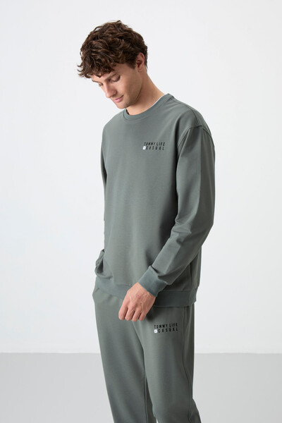 Tommylife Wholesale Oversize Crew Neck Men's Tracksuit Set 85120 Almond Green - Thumbnail