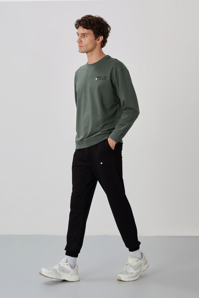 Tommylife Wholesale Oversize Crew Neck Men's Tracksuit Set 85120 Almond Green - Black - Thumbnail