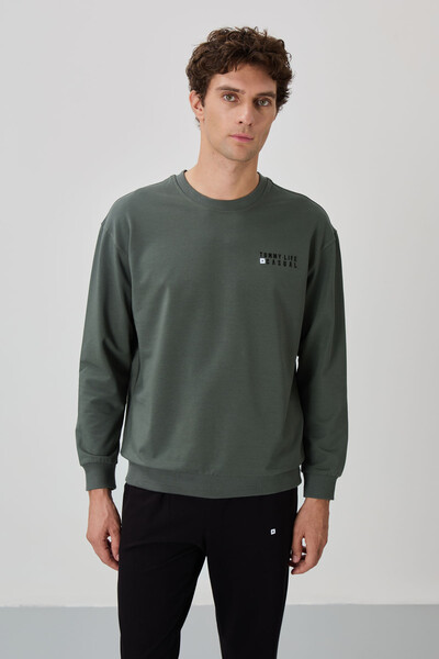 Tommylife Wholesale Oversize Crew Neck Men's Tracksuit Set 85120 Almond Green - Black - Thumbnail