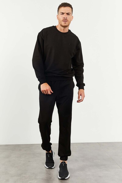 Tommylife Wholesale Oversize Crew Neck Men's Tracksuit Set 85120 Black - Thumbnail