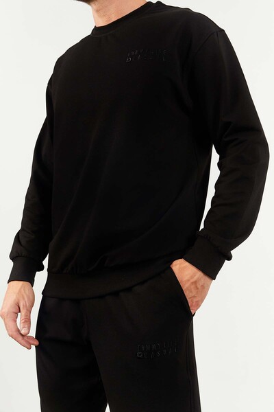 Tommylife Wholesale Oversize Crew Neck Men's Tracksuit Set 85120 Black - Thumbnail