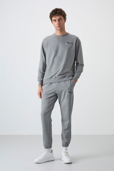 Tommylife Wholesale Oversize Crew Neck Men's Tracksuit Set 85120 Gray Melange - Thumbnail