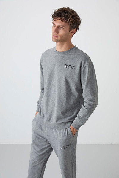 Tommylife Wholesale Oversize Crew Neck Men's Tracksuit Set 85120 Gray Melange - Thumbnail