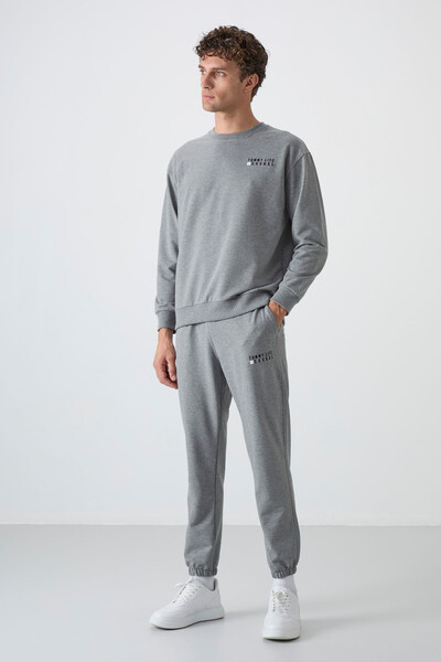 Tommylife Wholesale Oversize Crew Neck Men's Tracksuit Set 85120 Gray Melange - Thumbnail