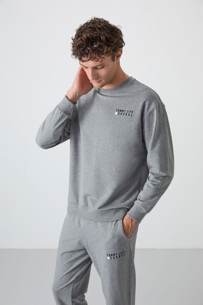 Tommylife Wholesale Oversize Crew Neck Men's Tracksuit Set 85120 Gray Melange - Thumbnail