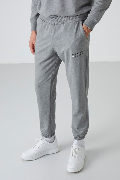 Tommylife Wholesale Oversize Crew Neck Men's Tracksuit Set 85120 Gray Melange - Thumbnail