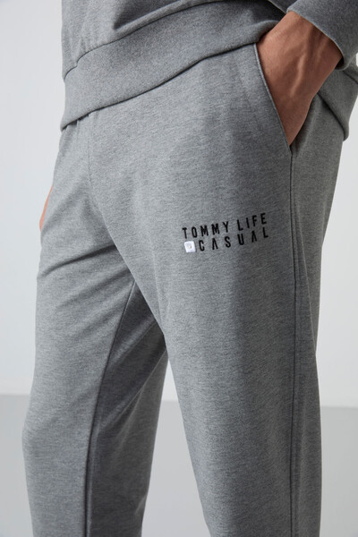 Tommylife Wholesale Oversize Crew Neck Men's Tracksuit Set 85120 Gray Melange - Thumbnail