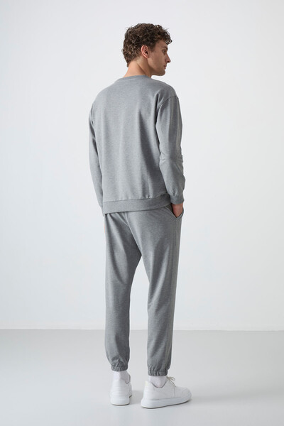 Tommylife Wholesale Oversize Crew Neck Men's Tracksuit Set 85120 Gray Melange - Thumbnail