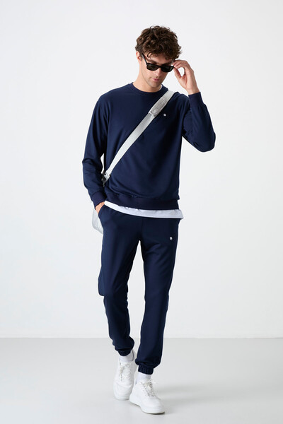 Tommylife Wholesale Oversize Crew Neck Men's Tracksuit Set 85120 Indigo - Thumbnail