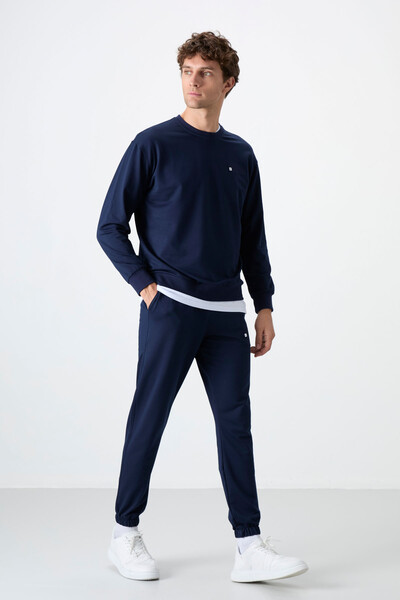 Tommylife Wholesale Oversize Crew Neck Men's Tracksuit Set 85120 Indigo - Thumbnail