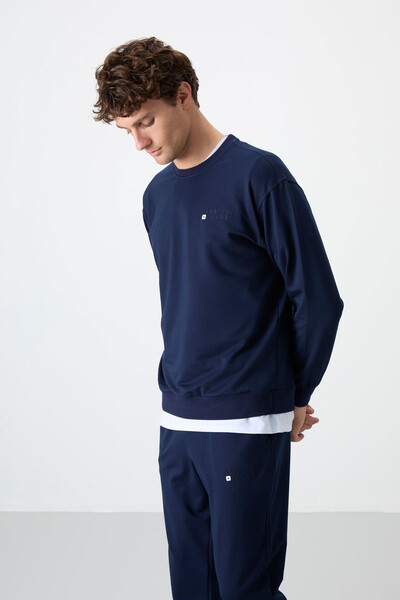 Tommylife Wholesale Oversize Crew Neck Men's Tracksuit Set 85120 Indigo - Thumbnail