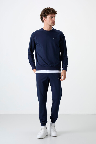 Tommylife Wholesale Oversize Crew Neck Men's Tracksuit Set 85120 Indigo - Thumbnail