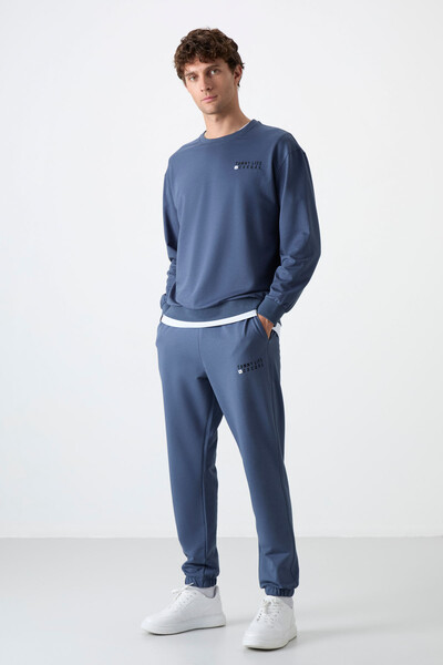 Tommylife Wholesale Oversize Crew Neck Men's Tracksuit Set 85120 Petrol Blue - Thumbnail