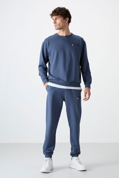 Tommylife Wholesale Oversize Crew Neck Men's Tracksuit Set 85120 Petrol Blue - Thumbnail