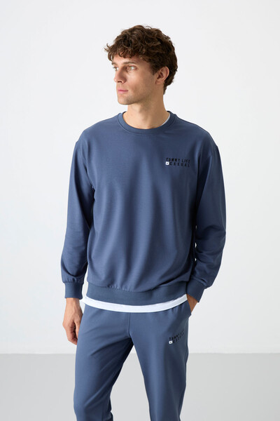 Tommylife Wholesale Oversize Crew Neck Men's Tracksuit Set 85120 Petrol Blue - Thumbnail