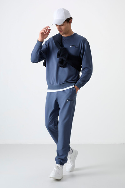 Tommylife Wholesale Oversize Crew Neck Men's Tracksuit Set 85120 Petrol Blue - Thumbnail