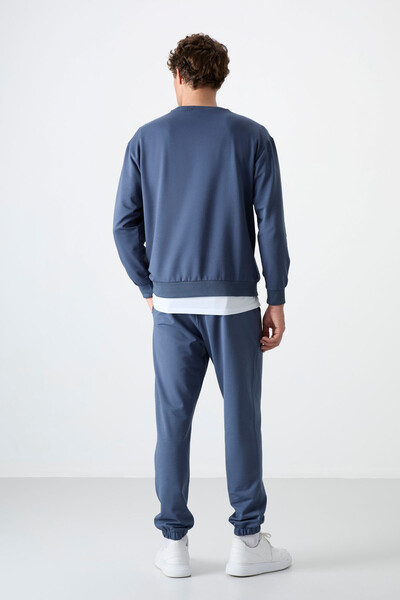 Tommylife Wholesale Oversize Crew Neck Men's Tracksuit Set 85120 Petrol Blue - Thumbnail