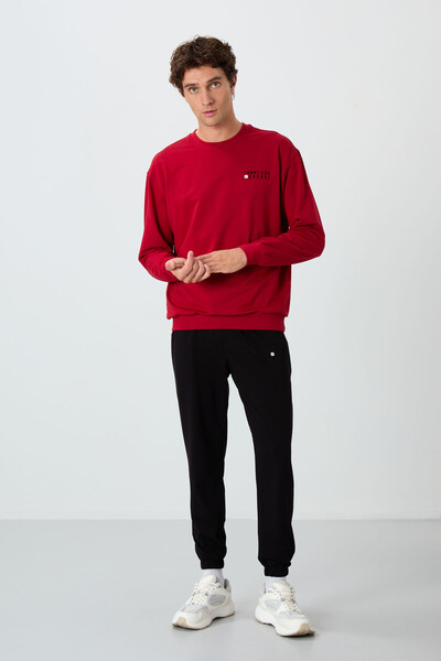 Tommylife Wholesale Oversize Crew Neck Men's Tracksuit Set 85120 Red - Black - Thumbnail