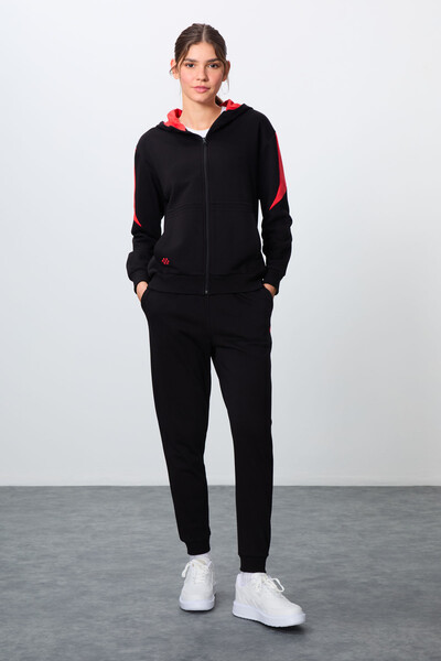 Tommylife Wholesale Oversize Hooded Jogger Women's Tracksuit Set 95343 Black - Thumbnail