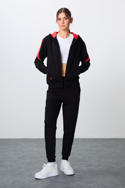 Tommylife Wholesale Oversize Hooded Jogger Women's Tracksuit Set 95343 Black - Thumbnail