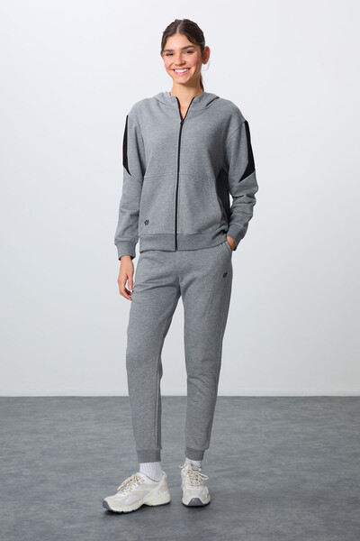 Tommylife Wholesale Oversize Hooded Jogger Women's Tracksuit Set 95343 Gray Melange - Thumbnail