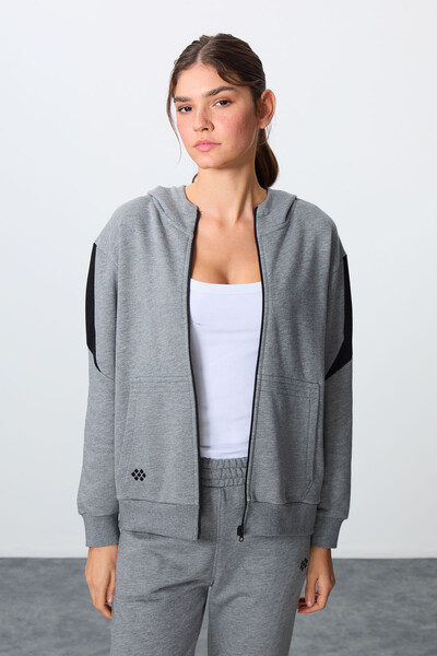 Tommylife Wholesale Oversize Hooded Jogger Women's Tracksuit Set 95343 Gray Melange - Thumbnail