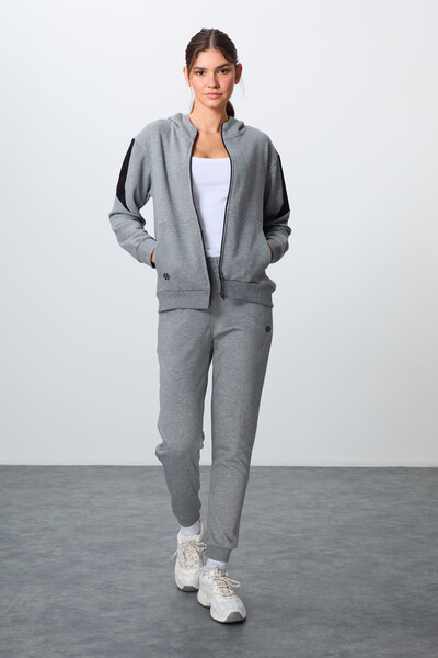 Tommylife Wholesale Oversize Hooded Jogger Women's Tracksuit Set 95343 Gray Melange - Thumbnail