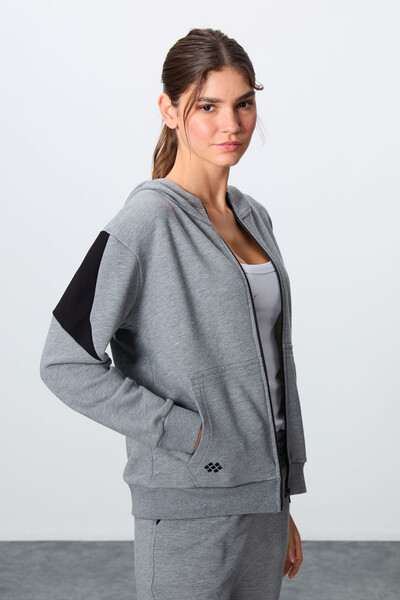 Tommylife Wholesale Oversize Hooded Jogger Women's Tracksuit Set 95343 Gray Melange - Thumbnail