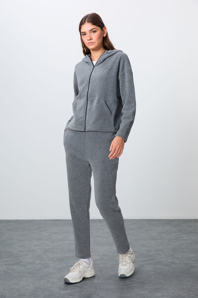 Tommylife Wholesale Oversize Hooded Women's Fleece Tracksuit Set 95338 Gray Melange - Thumbnail