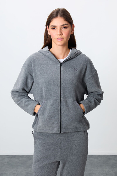 Tommylife Wholesale Oversize Hooded Women's Fleece Tracksuit Set 95338 Gray Melange - Thumbnail